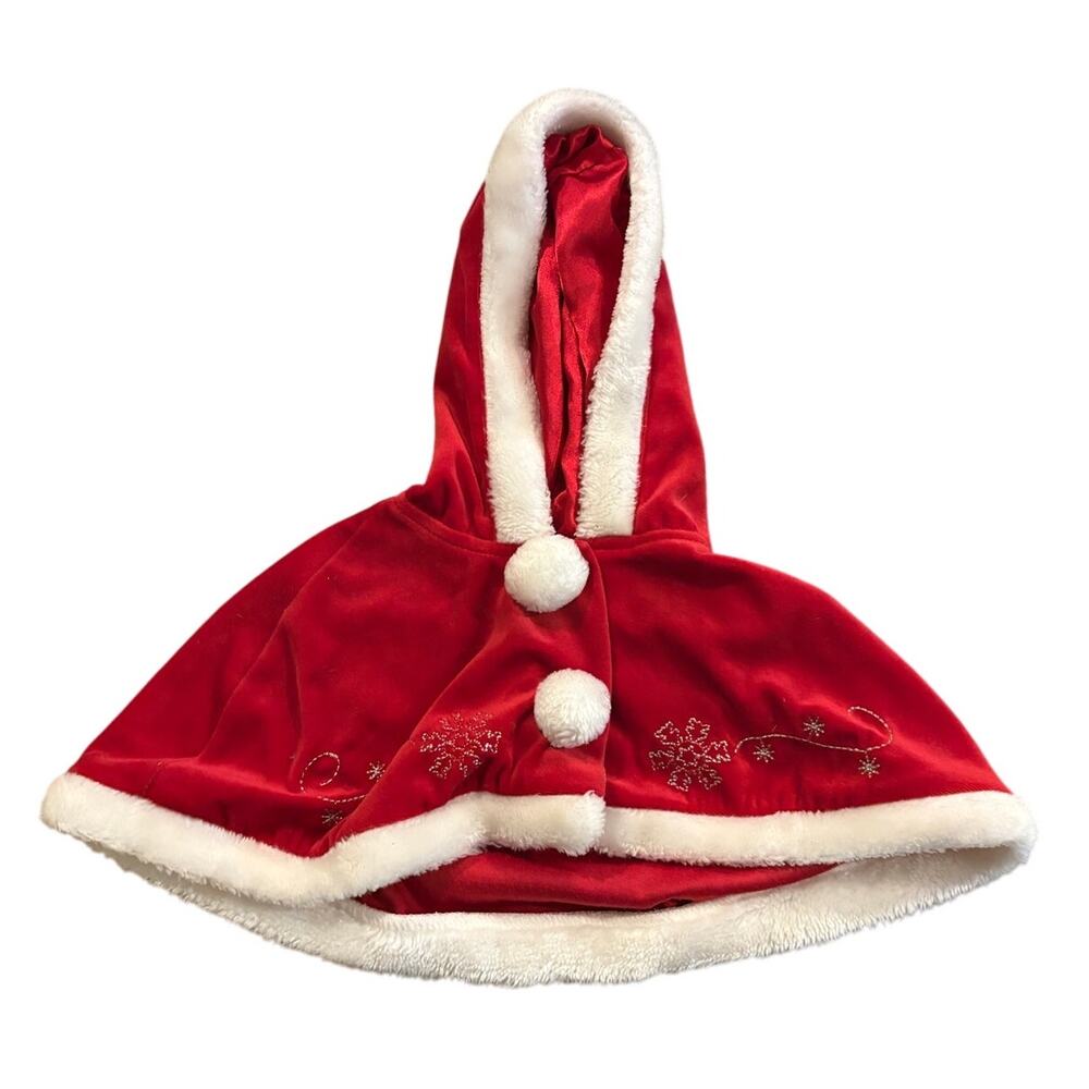 Baby Christmas Hooded Cape Red Velvet Snowflake Embroidered Cloak 12mos EUC